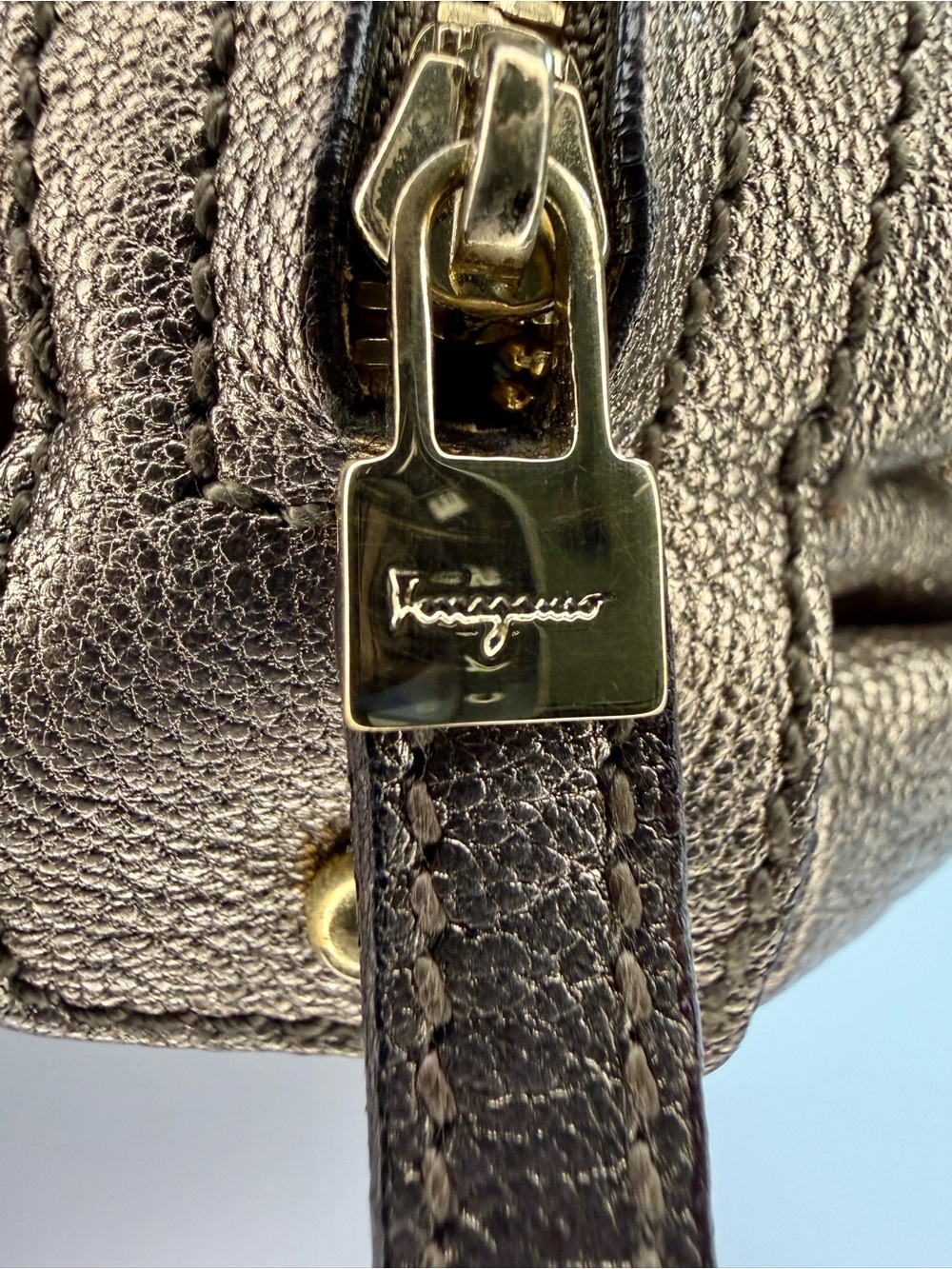 Salvatore Ferragamo Metallic Leather Crystal Gancini Satchel Bag Bronze Gold - Picture 7 of 11